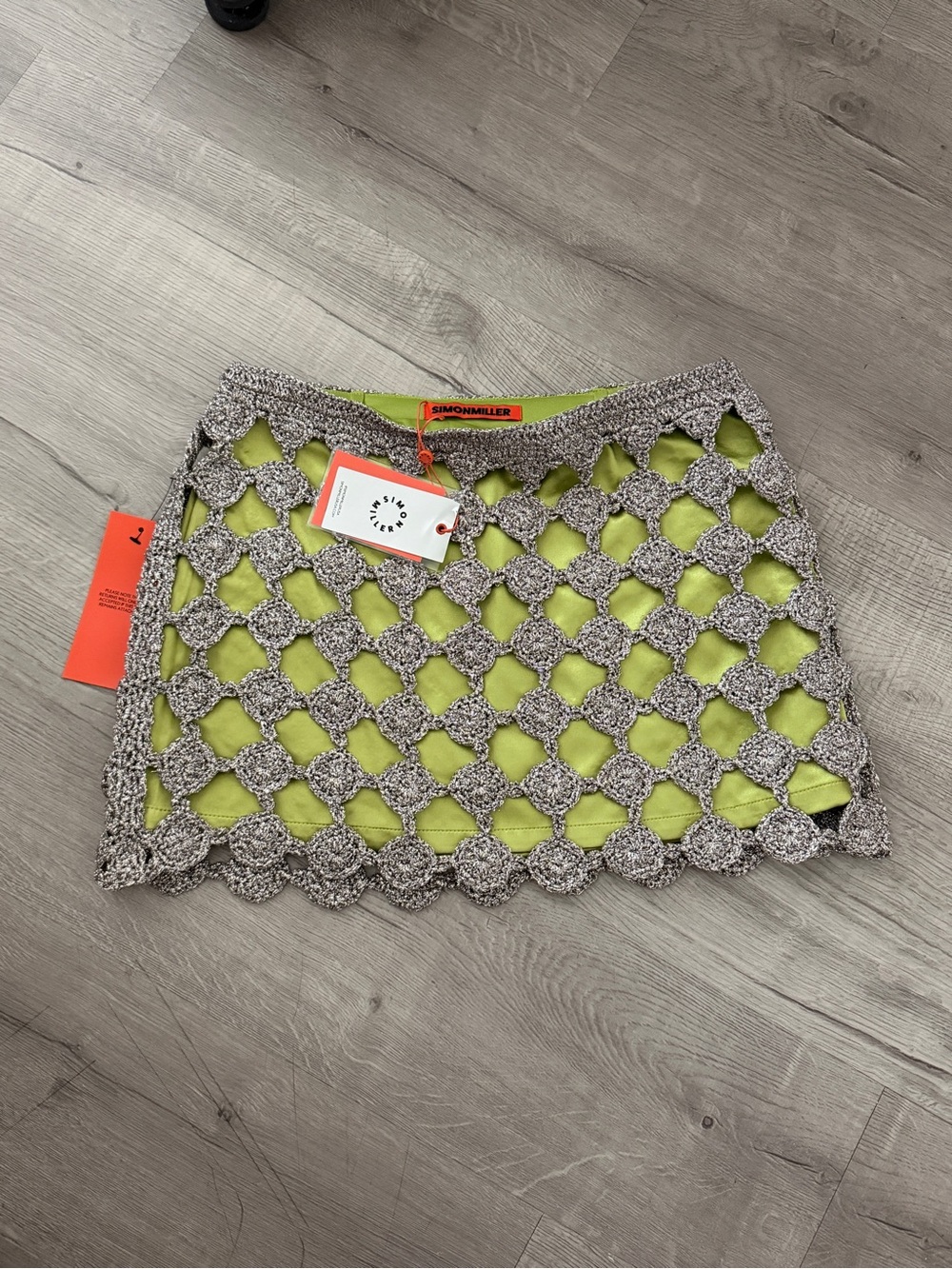 SIMONMILLER ZERA CROCHET MINI SKIRT IN MOSS/SATELLITE SILVER
